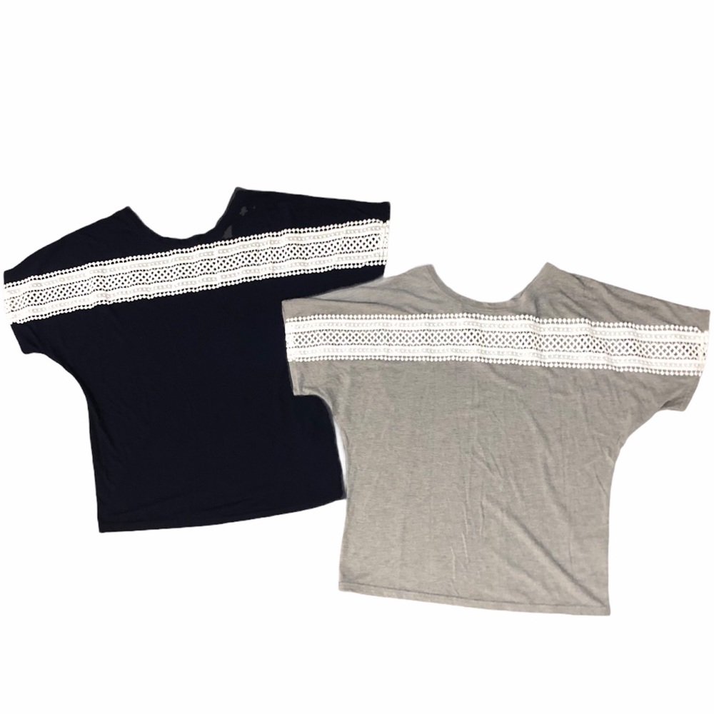 Gray Short Sleeve Round Neck Embroidered Tee Navy Blue & Light Gray Set Of 2